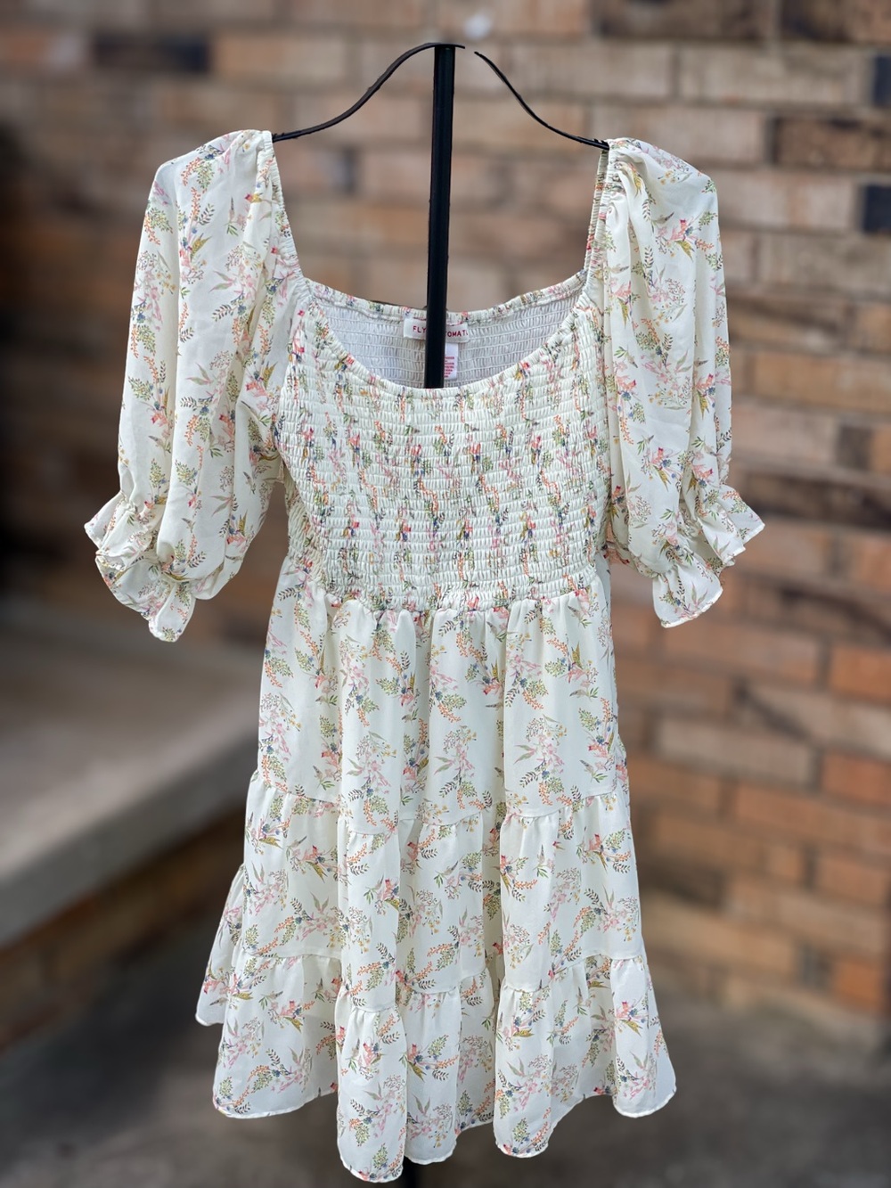Flying Tomato Cream Floral Smocked Puff Sleeve Tiered Mini Dress Large